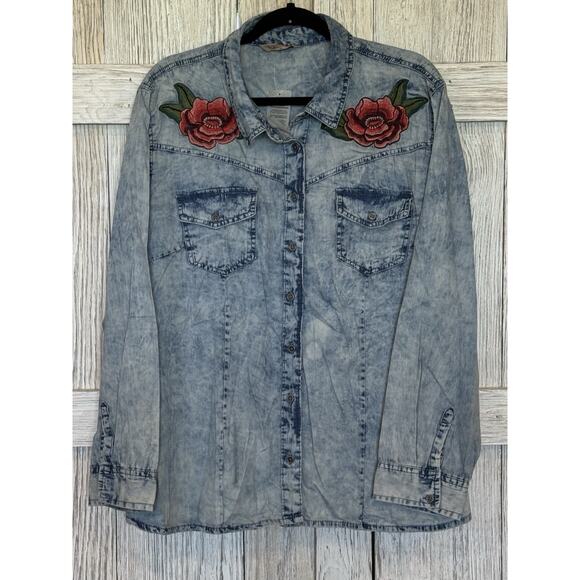 Highway Jeans Denim Button Down Shirt 3XL Flower Embroidery NWT - Picture 1 of 6